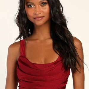 First Date Darling Burgundy Ruched Sleeveless Bodysuit